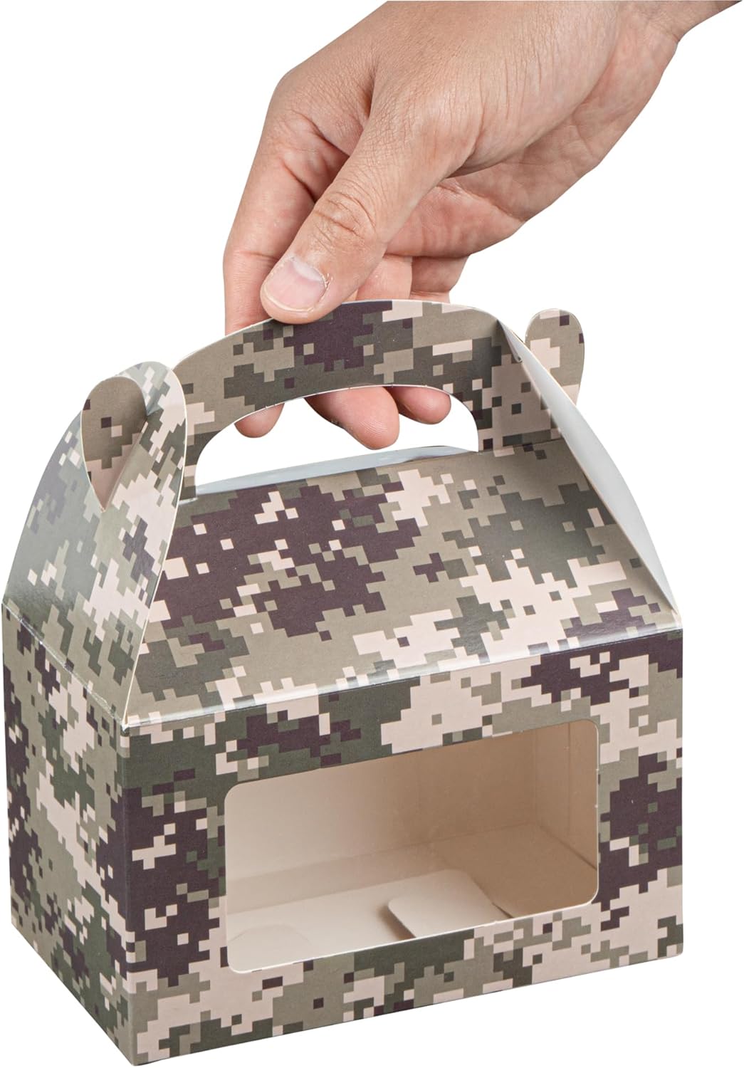 Bio Tek 6 x 3.5 x 3.5 Inch Gable Boxes For Party Favors, 25 Attractive Gift Boxes - Camouflage Print, Built-In Handle, Paper Barn Boxes, With Clear PET Window, For Parties - Image 4