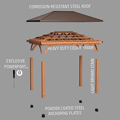 Miniatura 7 de Backyard Discovery Barrington - Cenador de madera de cedro para techo de cadera de 14 x 10 pies, sombra, lluvia, techo de metal de acero, protegido