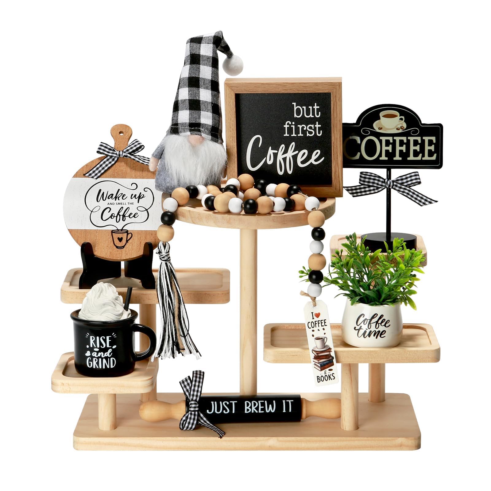 Photo 1 of Coffee Bar Decor, 8 PCS Coffee Decorations Coffee Bar Accessories for Table Tiered Tray Shelf, Rustic Farmhouse Coffee Station Decor Tabletop Centerpieces Wooden Sign for Home Kitchen Office