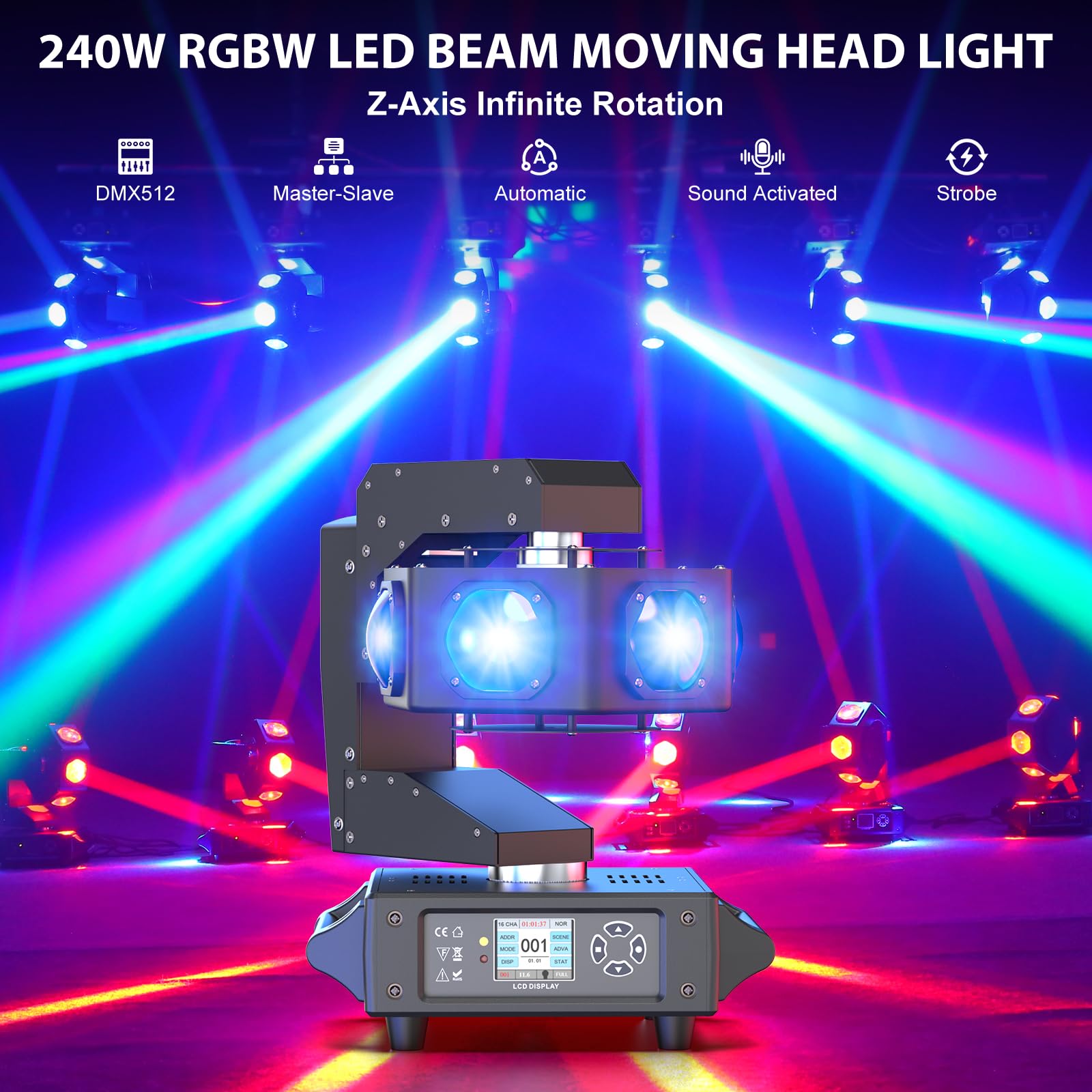 240W Teste Mobili Beam Luci Discoteca LED RGBW 3 assi Luce Rotazione infinita Faretto Moving Head per DJ Discoteca Natale Club Spettacolo Bar Festa Palcoscenico