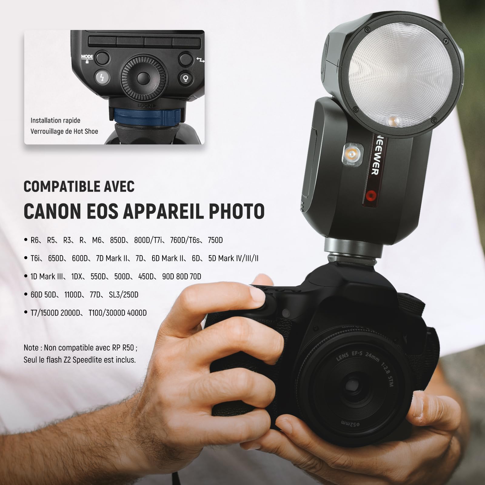 NEEWER Z2-C 2,4G TTL Flash Speedlite Rond Compatible avec Canon,600 Flashs Pleine Puissance,3 000mAh,76Ws 1/8 000s HSS,2 Lampes de modélisation,Diffuseur de lumière,Bouton TTL/M pour système Q 2,4G