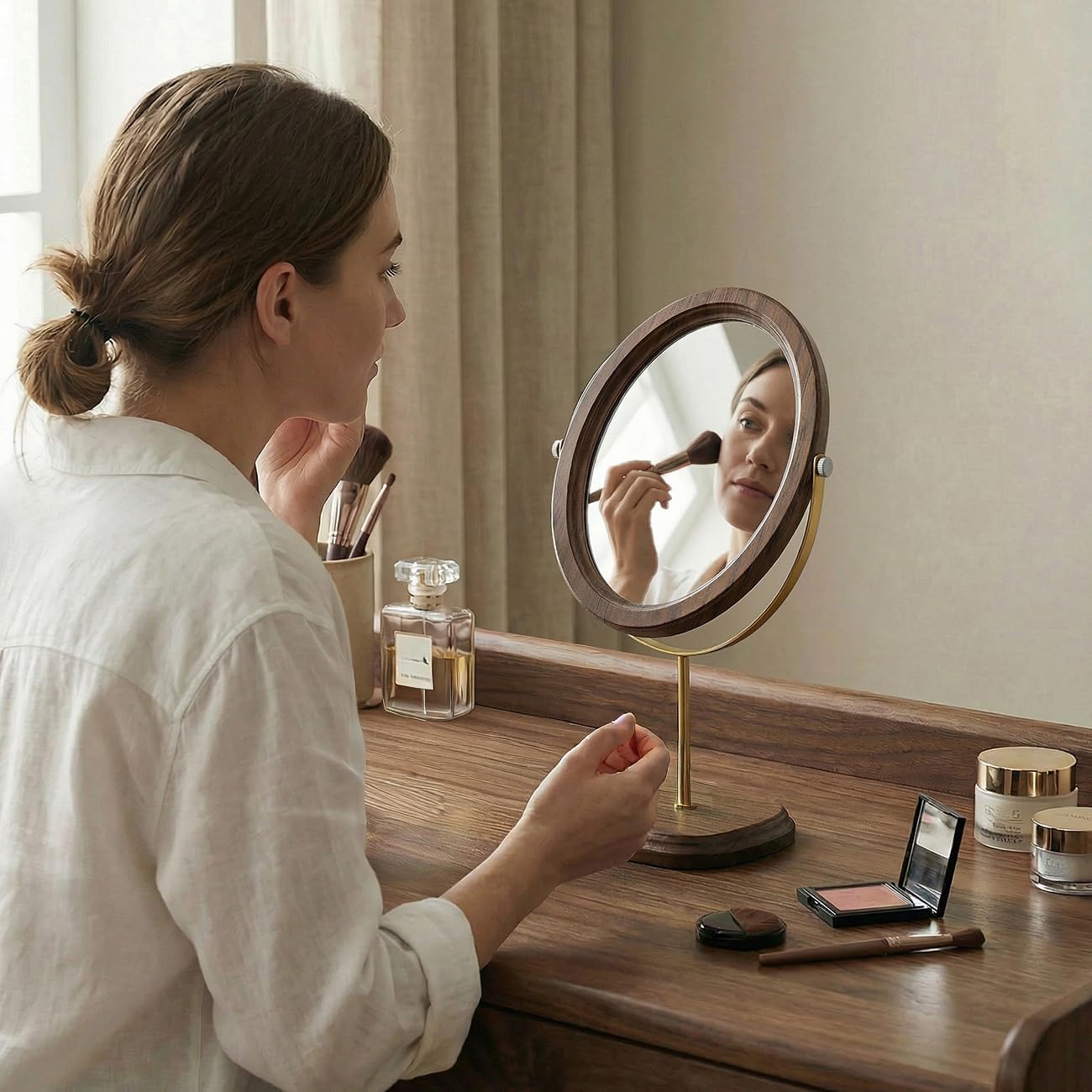 Round Vanity Makeup Mirror with Walnut Wood Frame, 360° Swivel, Tabletop Stand, Vintage Style (Brown-Golden Iron Frame)
