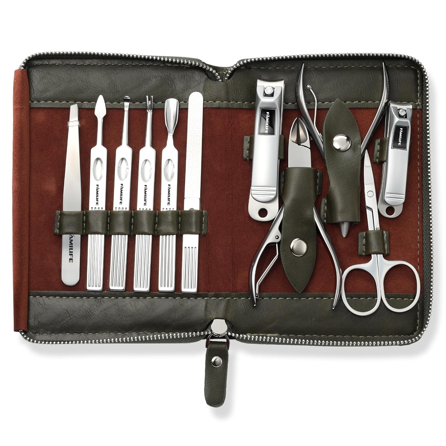 FAMILIFE Manicure Set, Professional Manicure Kit Nail Clippers Set 11 in 1 Stainless Steel Nail Pedicure Tools Kit Grooming Tool with Portable Green Leather Travel Case Luxury Gifts for Women and Men - Image 9