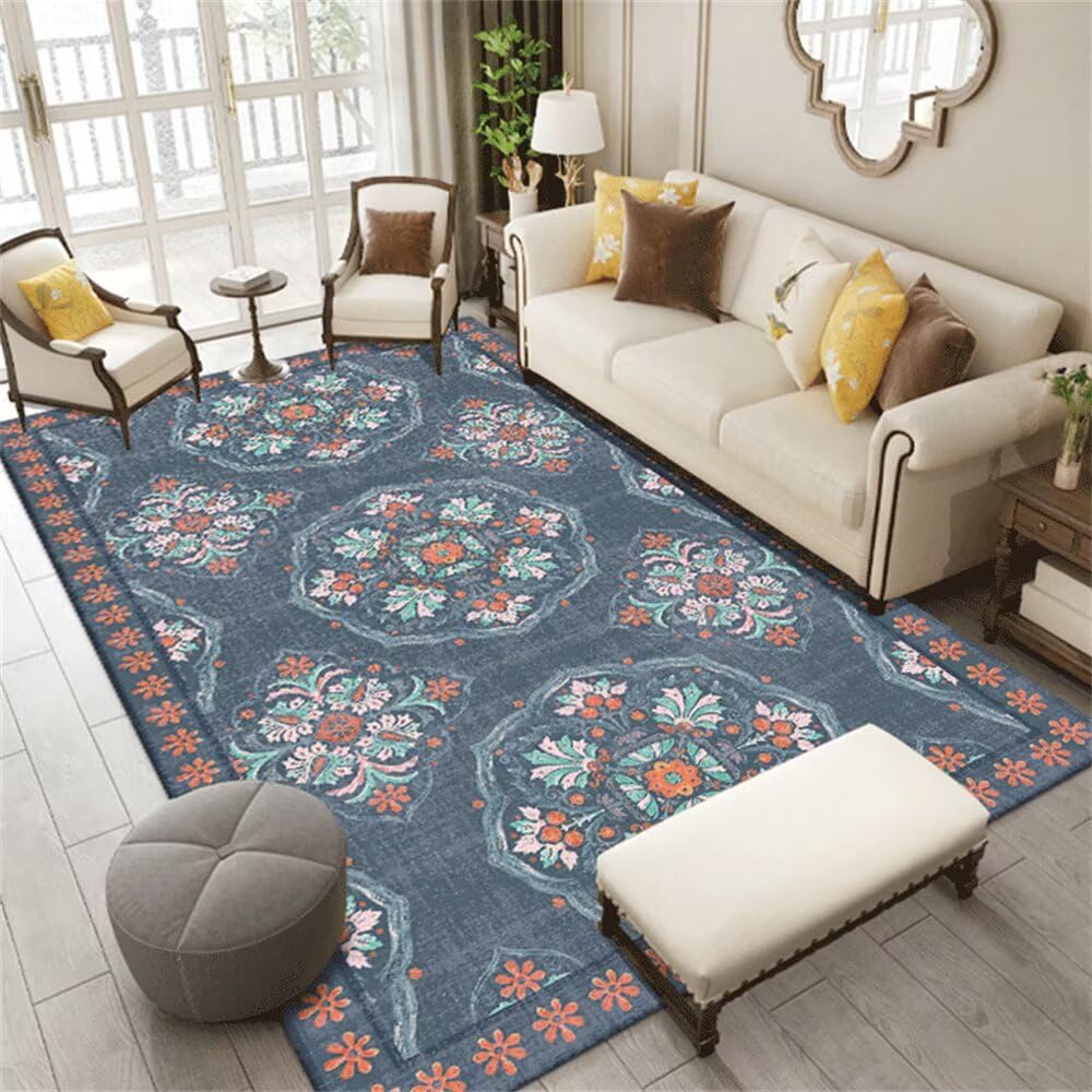 Tapis de litiere pour chat bleu floral vintage 120x180 grand tapis chien deco chambre