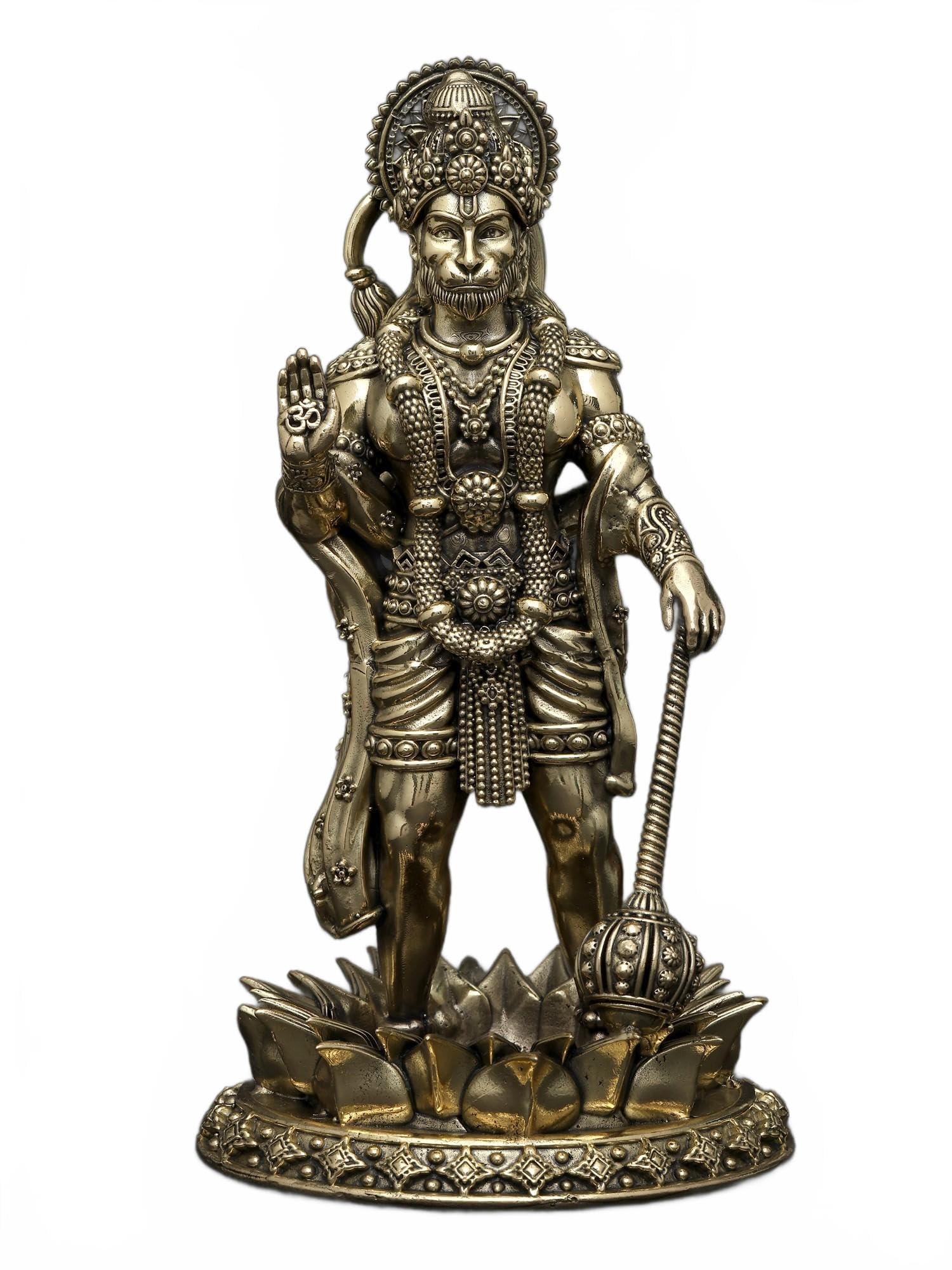 Exotic India 8" Superfine Standing Lord Hanuman Brass Statue | Blessing Sankat Mochan Hanuman Idol for Puja Room, Temple, Office, Home Décor