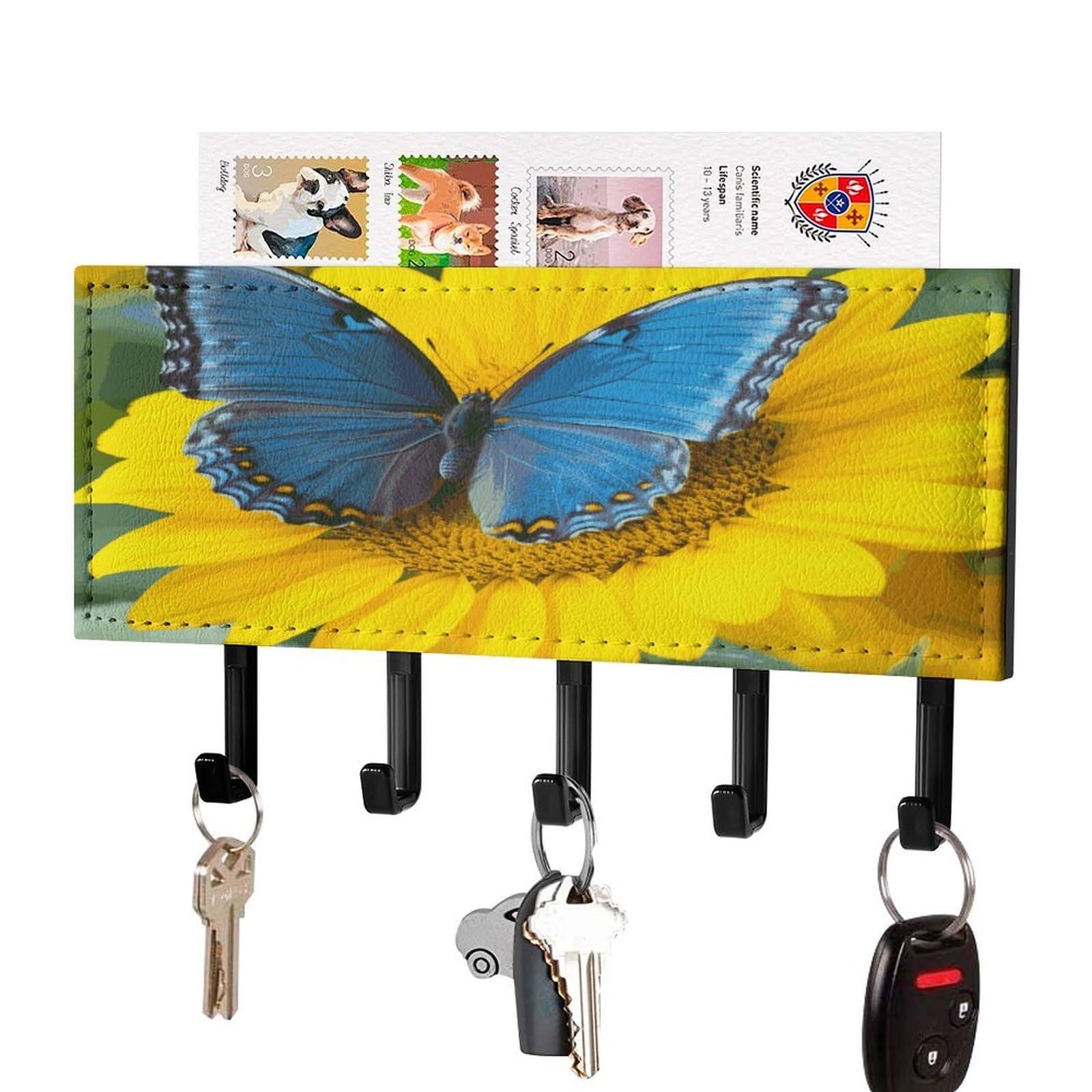 LDGSUPH Sunflower Blue Butterfly Key Holder Wall Mount Key Hanger with 5 Hooks Fashion Key Organizer Rack Hanging Key Hooks with Mail Organizer Key Rack for Home Entryway Hallway Black-Style