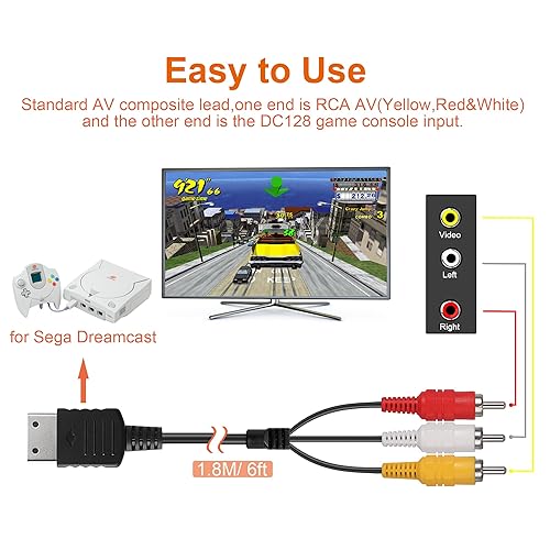 Miniatura 4 de Cable de alimentación y cable AV para Dreamcast, fuente de alimentación de 2 clavijas y cable de audio y video RCA AV compatible con consola CC Sega
