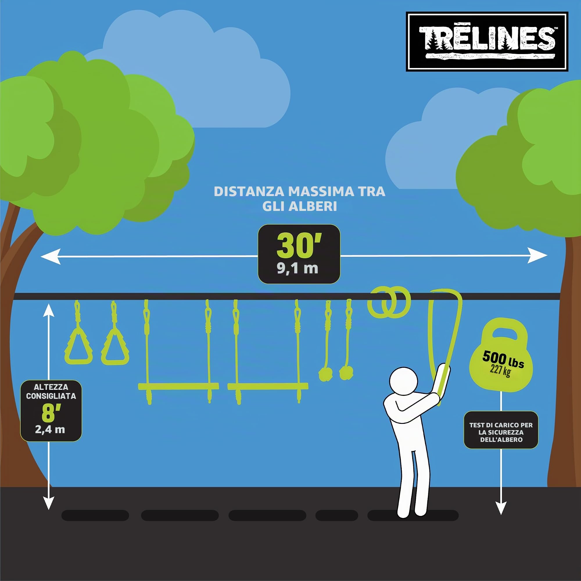 Treline - Set avventura Ninja 10 metri, Set da arrampicata per bambini dai 5 anni in su