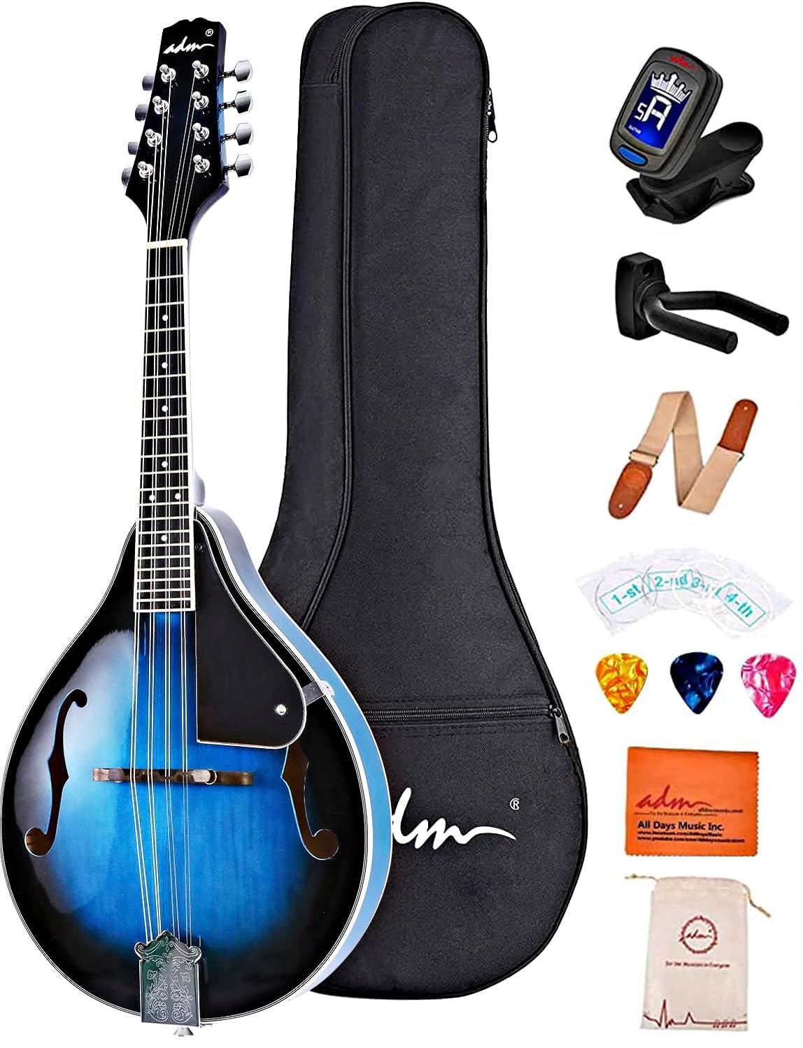 ADM Akustisches Mandolinen-Instrumenten-Set, Musik, A-Stil für Kinder, Studenten, Erwachsene, Holz-Mandolinen, Anfänger-Set mit Tasche, Stimmgerät, EQ, Gurt, Saiten, Plektren und Aufhänger, Blau