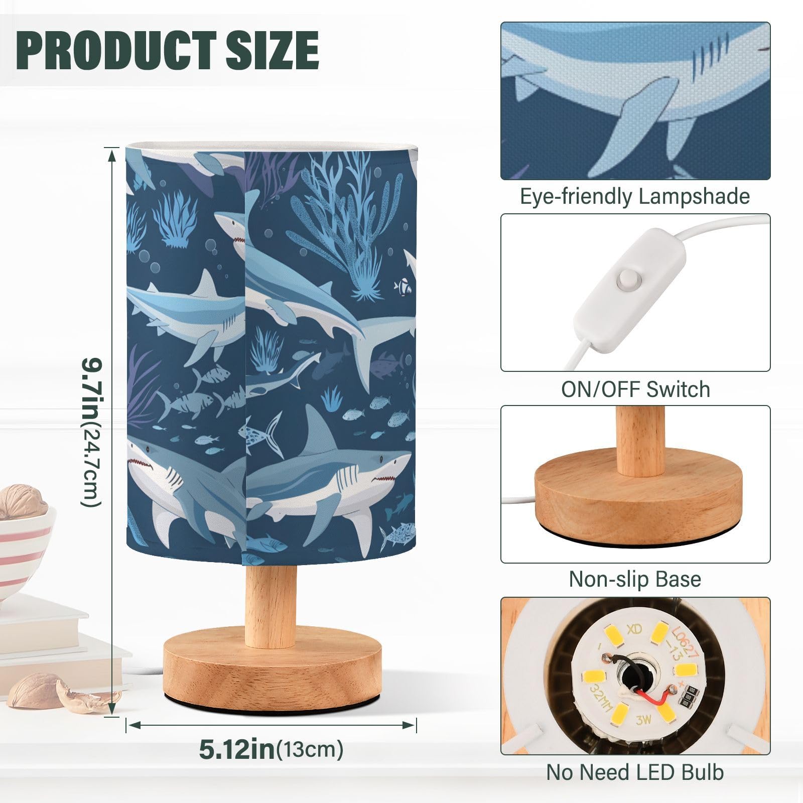 ALAZA Sharks - Lámpara de océano azul para niñas y niños, lámpara de mesita de noche con puerto USB, lámpara LED para mesita de noche para niños, base de madera, decoración de escritorio y sala de