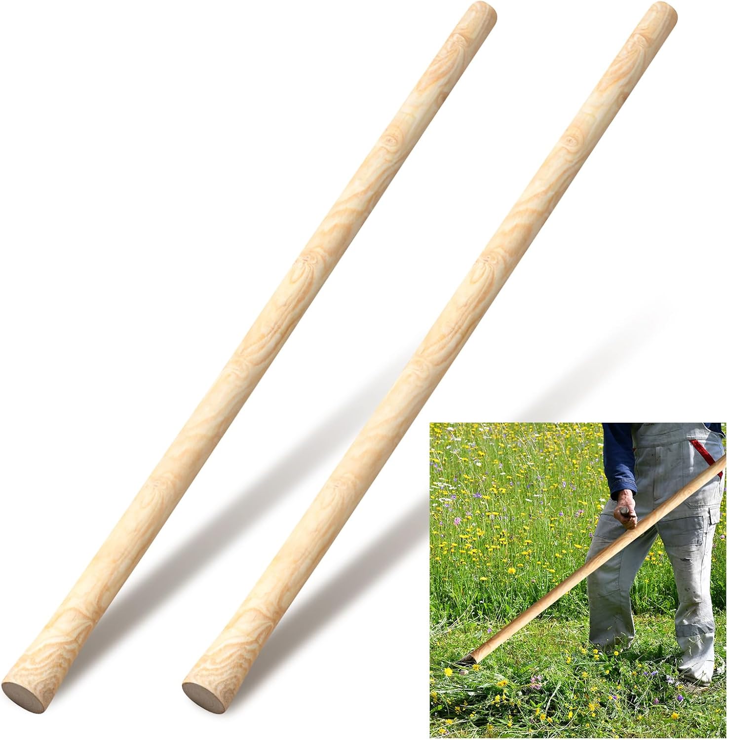 Lasnten 2 Pcs 55 Inch Pure Solid Wood Replacement Hoe Handle for Garden Digging Spading Fork, Shovel Handle Replacement, 1.38-1.77 Inch Diameter