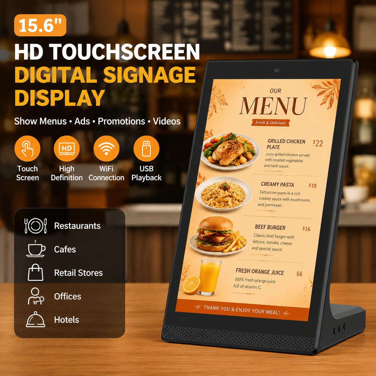 Pannello Menu Digitale per Ristoranti 15,6 Pollici, Schermo Digital Signage Touchscreen con WiFi USB, Display Elettronico per Menu, Offerte e pubblicità