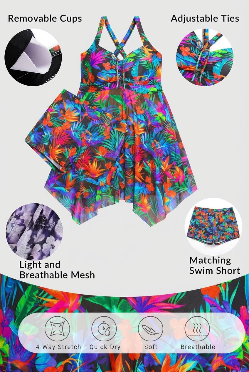 Daci Plus Size Two Piece Swim Dress with Shorts for Women Mesh Swimsuits Flowy Bathing Suits - Image 4