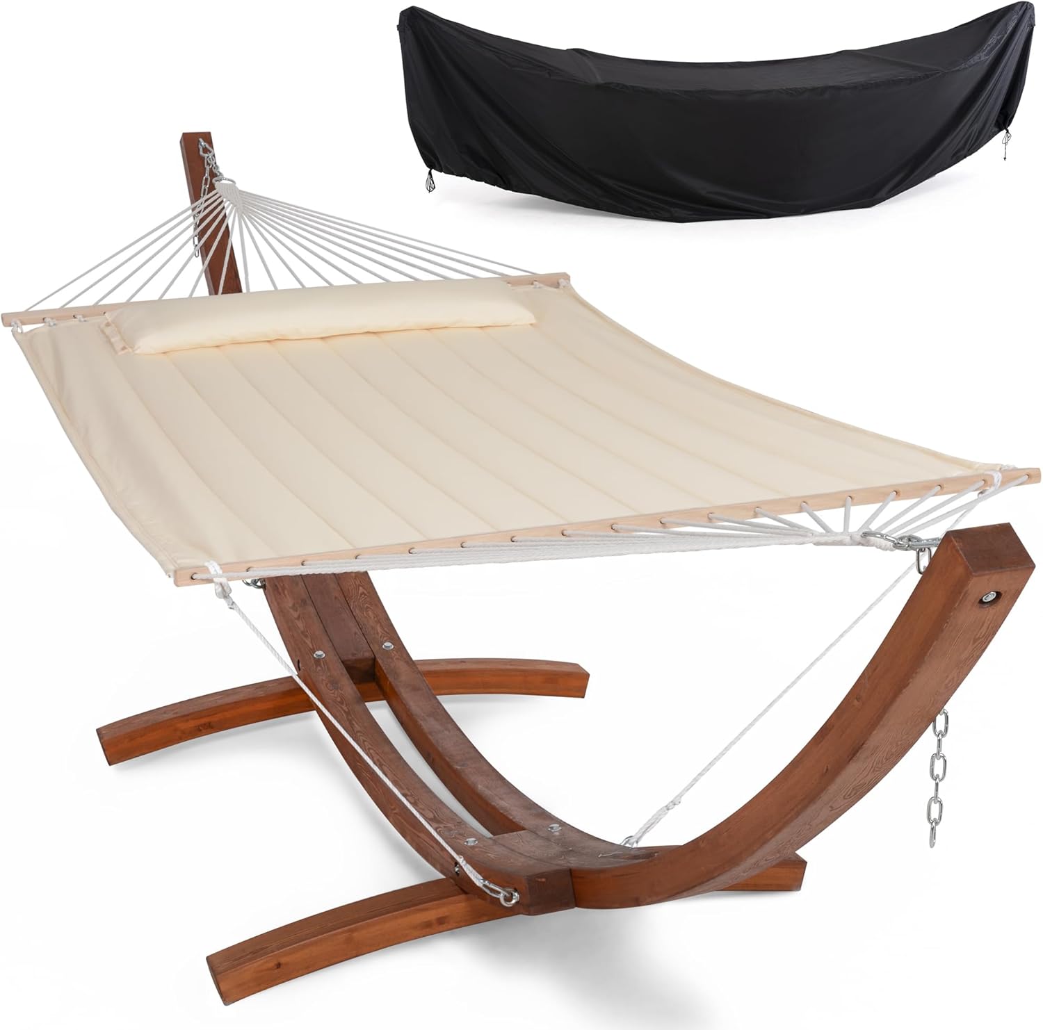 SUNCREAT Hammocks Double Hammock with 13.5 ft Wooden Stand, Hammock Cover, Outdoor Hammocks for Outside, 475 lbs Capacity, Beige