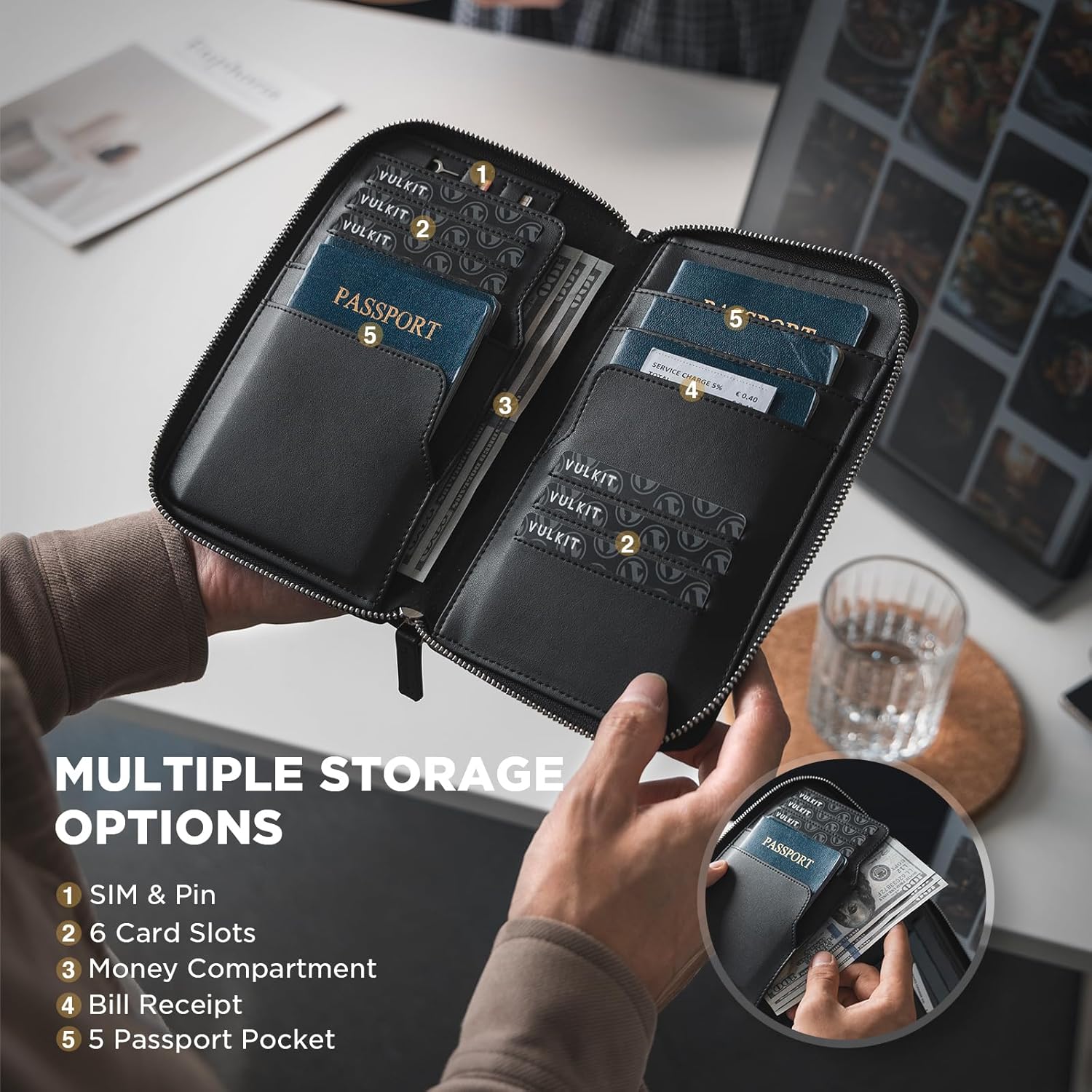 VULKIT Leather Passport Holder Family Travel Document Organizer with RFID Blocking Travel Wallet Slim Dual Slots SIM Card and Multiple Card Holders for Men and Women (Black)