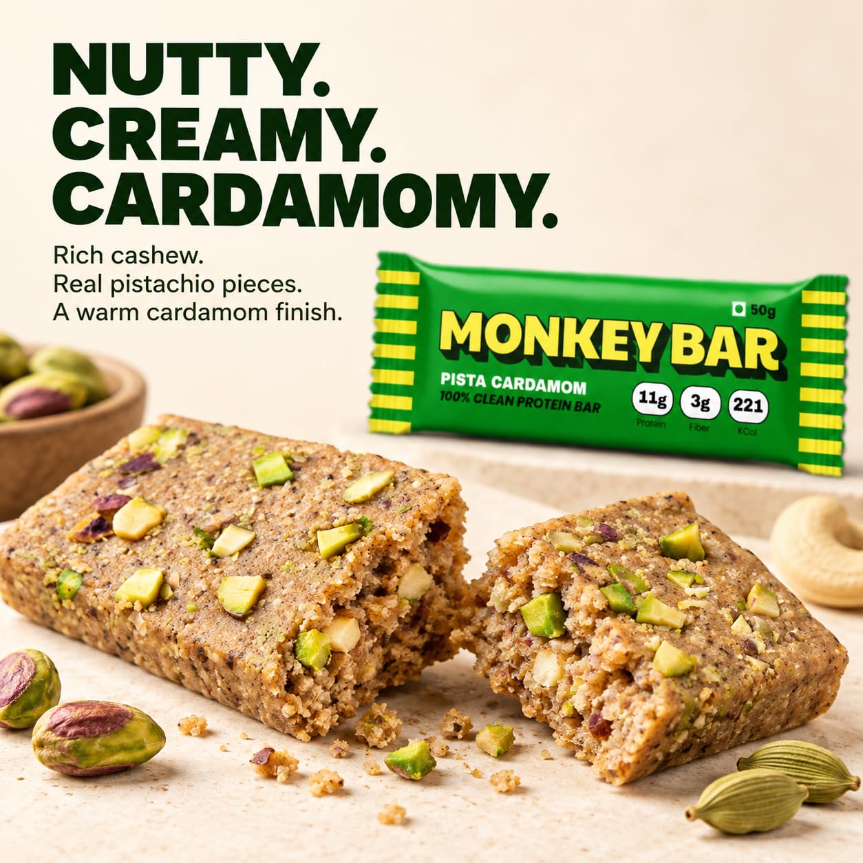 MONKEY BAR Pista Cardamom Protein Bar, 8 x 50g, 11g Protein, No Added Sugar — Amazon image 5