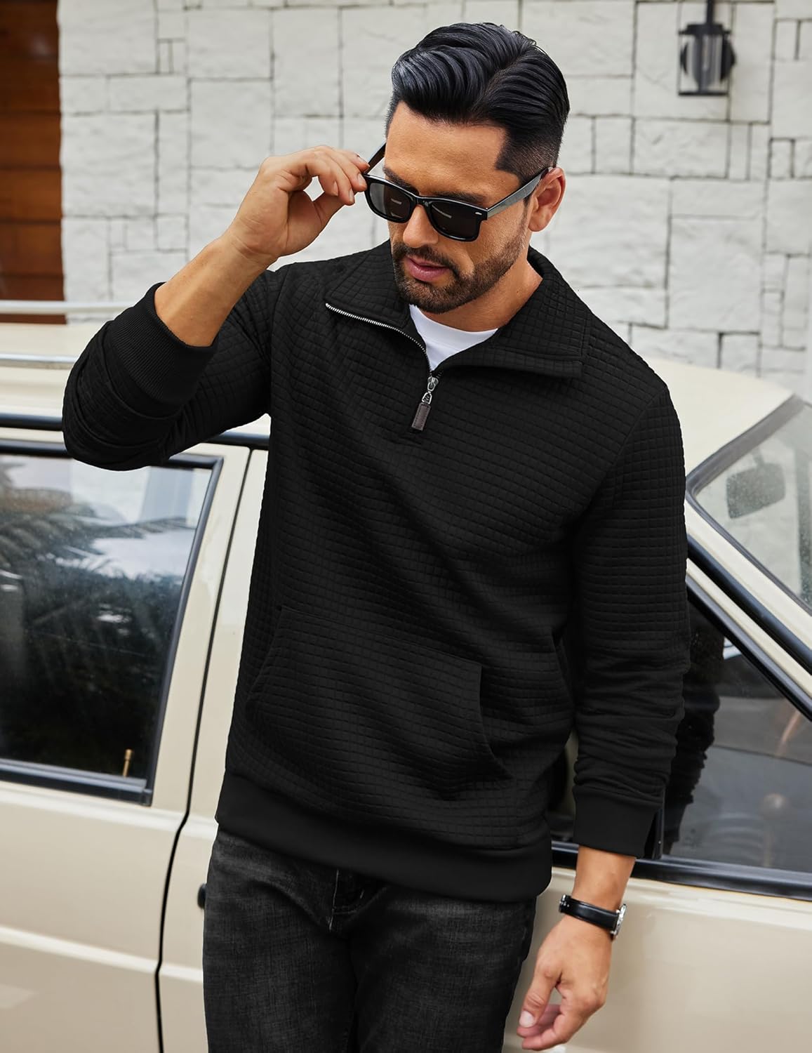 COOFANDY Mens Quarter Zip Sweatshirt Long Sleeve Casual Waffle Pullover Hoodies with Pocket - Image 3