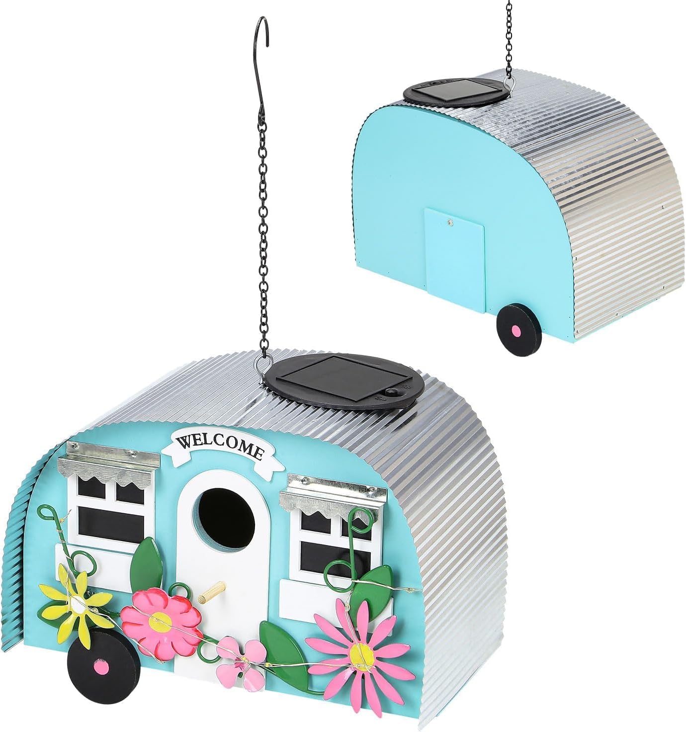 Hanging Tree Caravan Bird House - Metal Colourful Nest Decorative Nesting Box - 10 LED Solar Garden Decor Caravan Light Weather Resistant for Outdoor Patio or Lawns