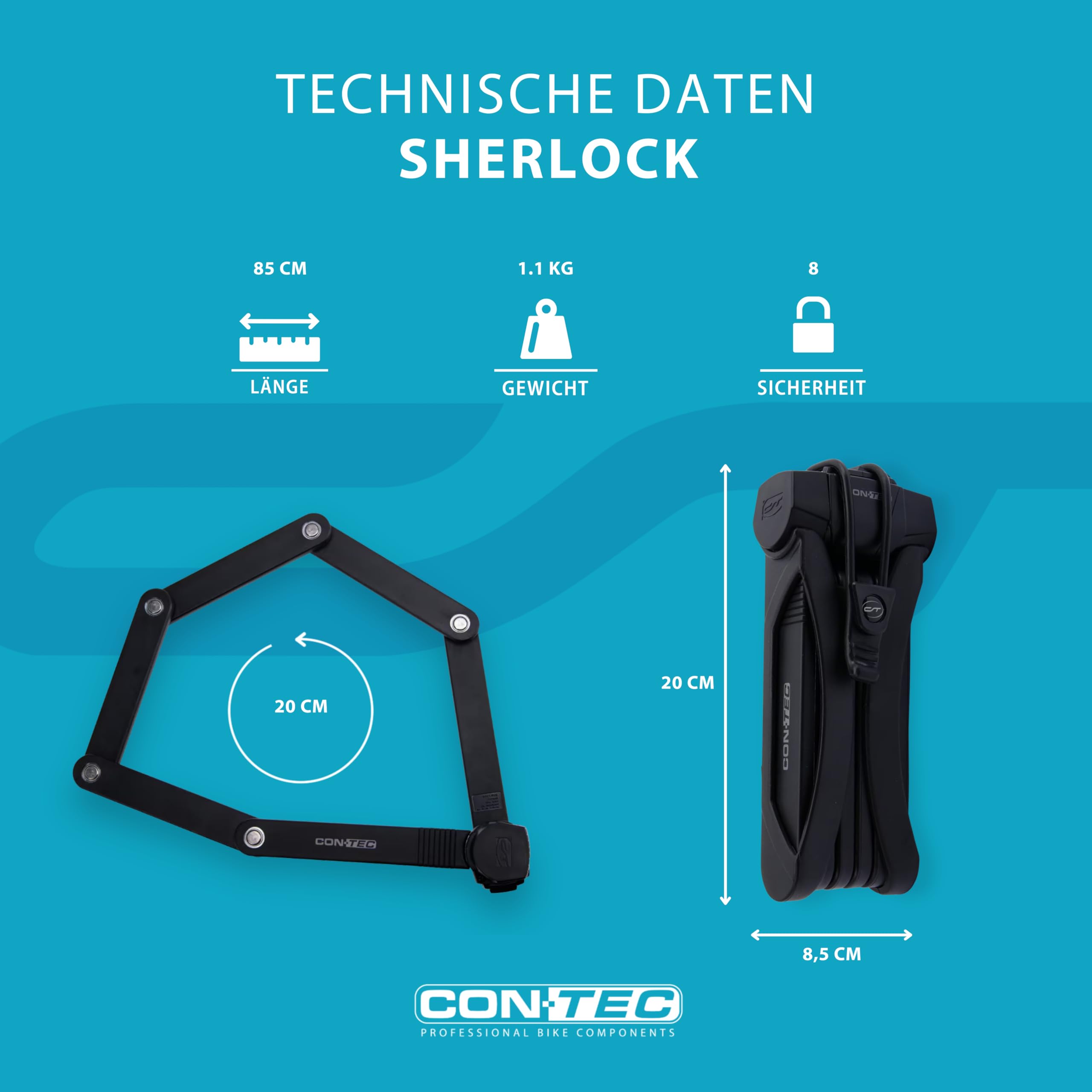 CONTEC Lucchetto pieghevole per bicicletta SherLock, robusto acciaio speciale Tredur, 85 cm, con supporto, sistema a chiave reversibile e serratura a chiave, nero