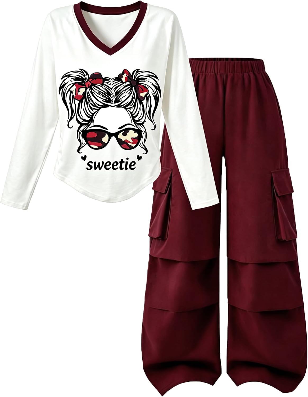 Girls Clothes V-Neck Top and Wide Leg Pants Set 7-16Y