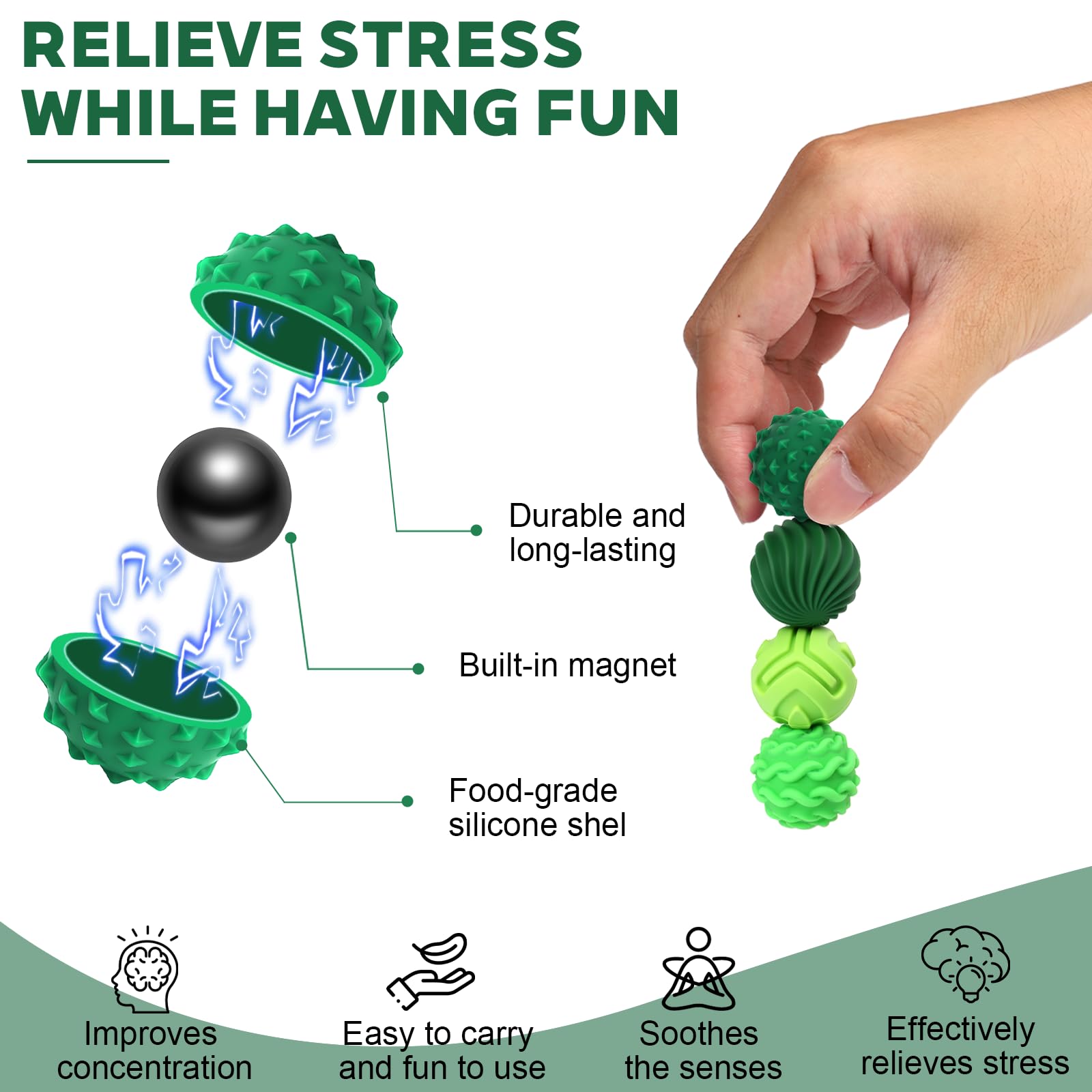 Magnetic Balls Fidget Ball: Magnetic Fidget Balls Sensory Toys Stress Relief for Adults Kids Autism ADHD Focus Office Desk Travel with Case (S Green) - Image 3