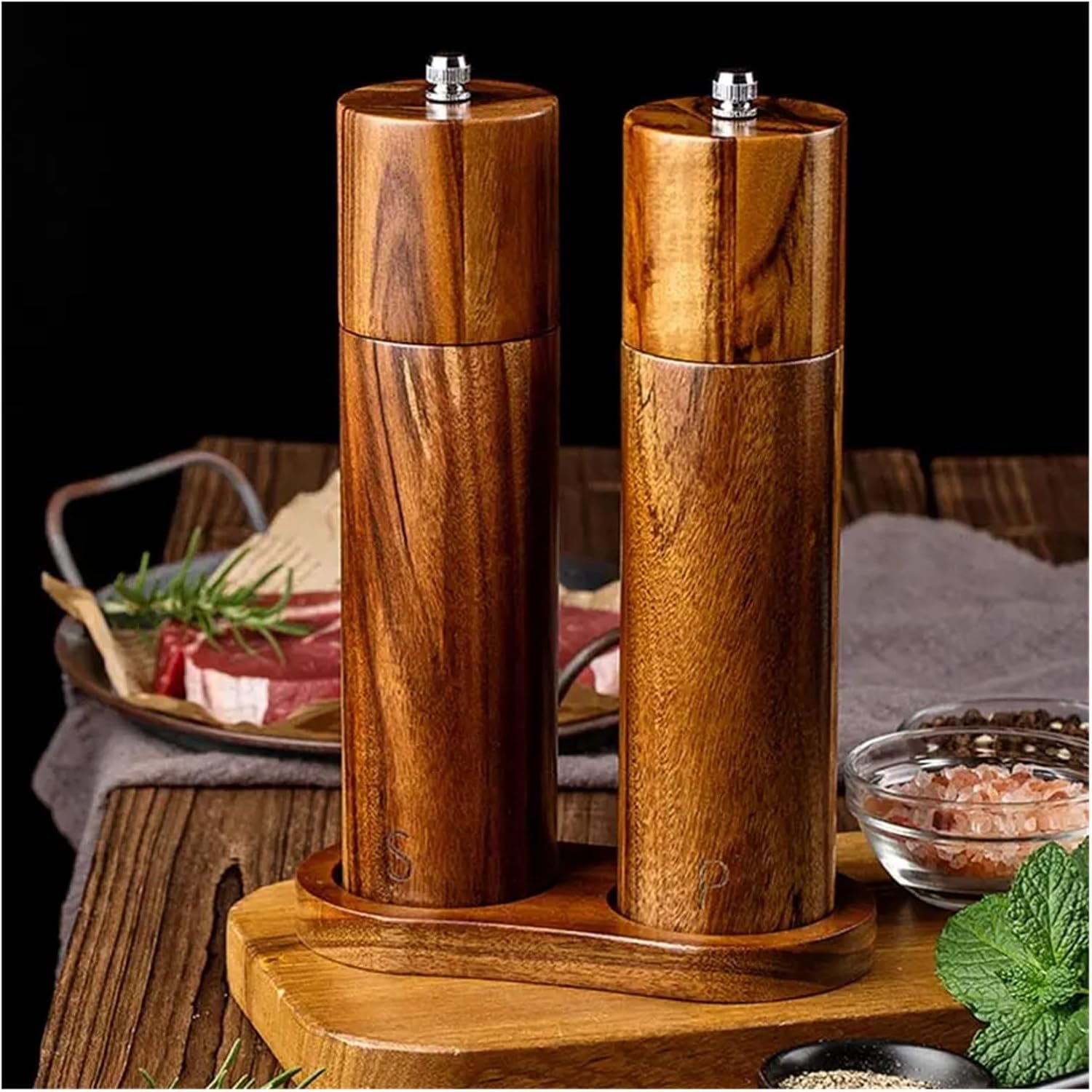 Acacia Solid Wood Spice Pepper Pepper Grinder Manual Black Pepper Powder Sea Salt Grinding Bottle With Base Set(2Pcs Sets)