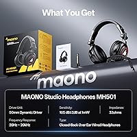 Vista 9 de MAONO Auriculares de estudio con controladores de 50 mm Pro Monitor de estudio, MH501 Auriculares cerrados con cable no desmontable para grabación