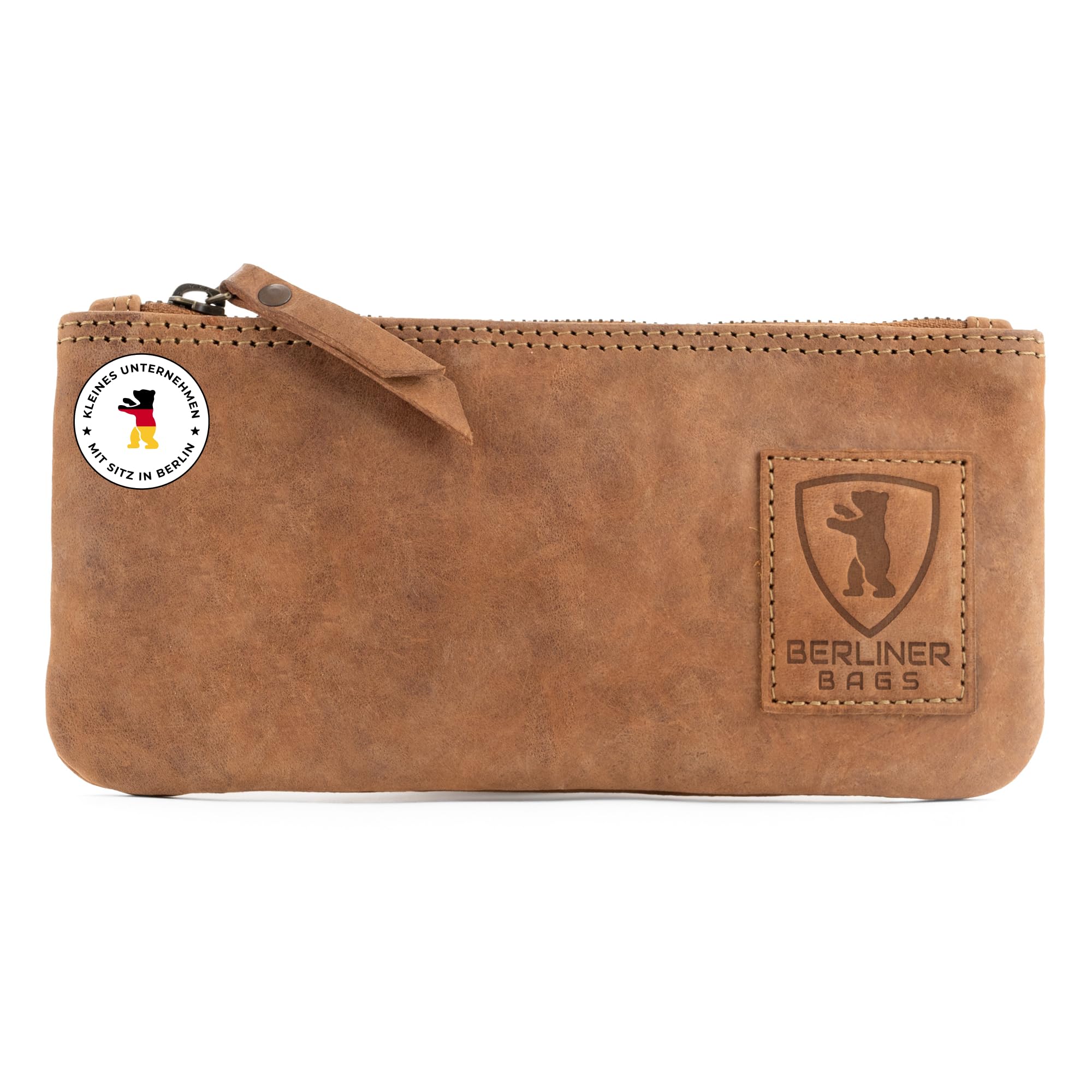 Berliner Bags Vintage Federmäppchen Etui aus Leder mit YKK-Reißverschluss, Robuste Federmappe für Stifte und Zubehör - Braun