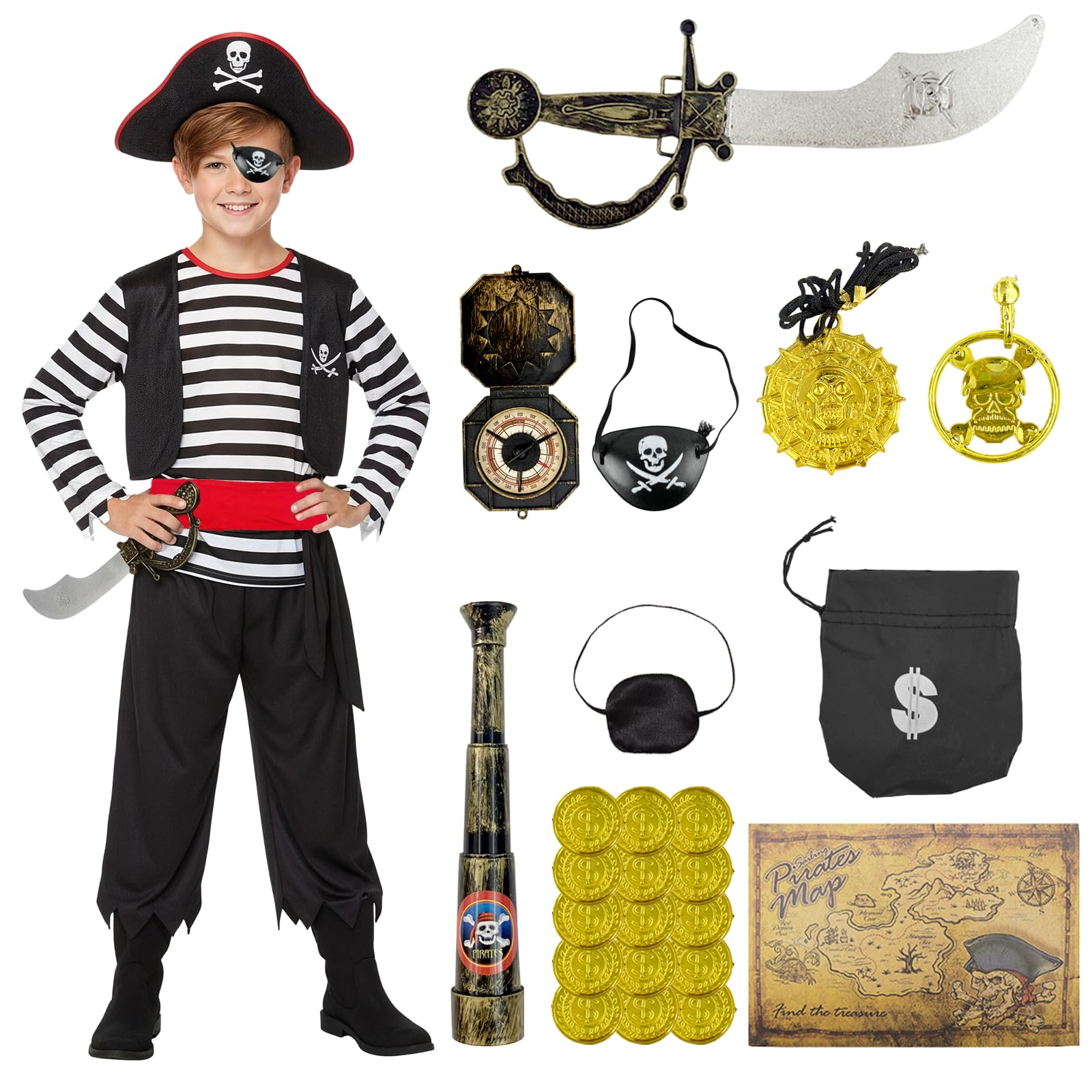 Pirate Costume Kids, 22pcs Pirate Accessories, Kids Dress Up Costumes with Pirate Hat, Eye Patch, Telescope, Map, Compass, Halloween Carnival World Book Day Costumes for Boys Girls 4-7 Years (Style 3)