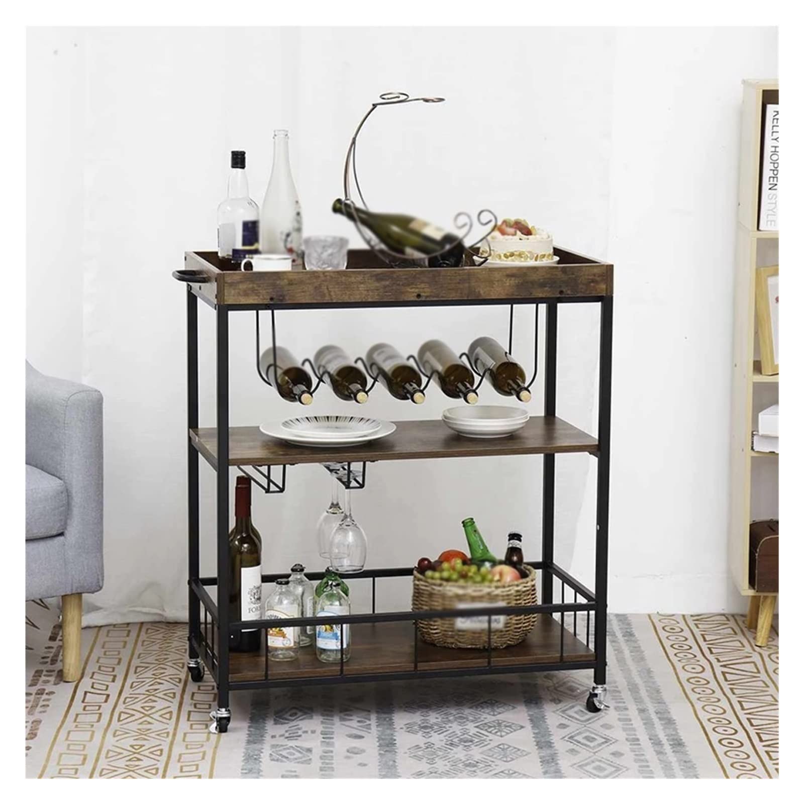 Ruchome Wózki Ręczne Wózek Restauracyjny Wielofunkcyjny Wózek Na Herbatę Domowa Półka Kuchenna Trójpoziomowy Wózek Jadalny Wózek Boczny/a/79Cmx90Cm