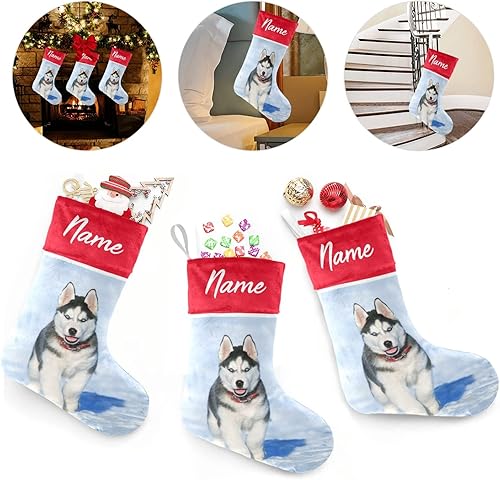 Miniatura 3 de Medias de Navidad personalizadas con nombre, adorno familiar de Navidad de Husky siberiano personalizado para Papá Noel, Navidad, decoración de