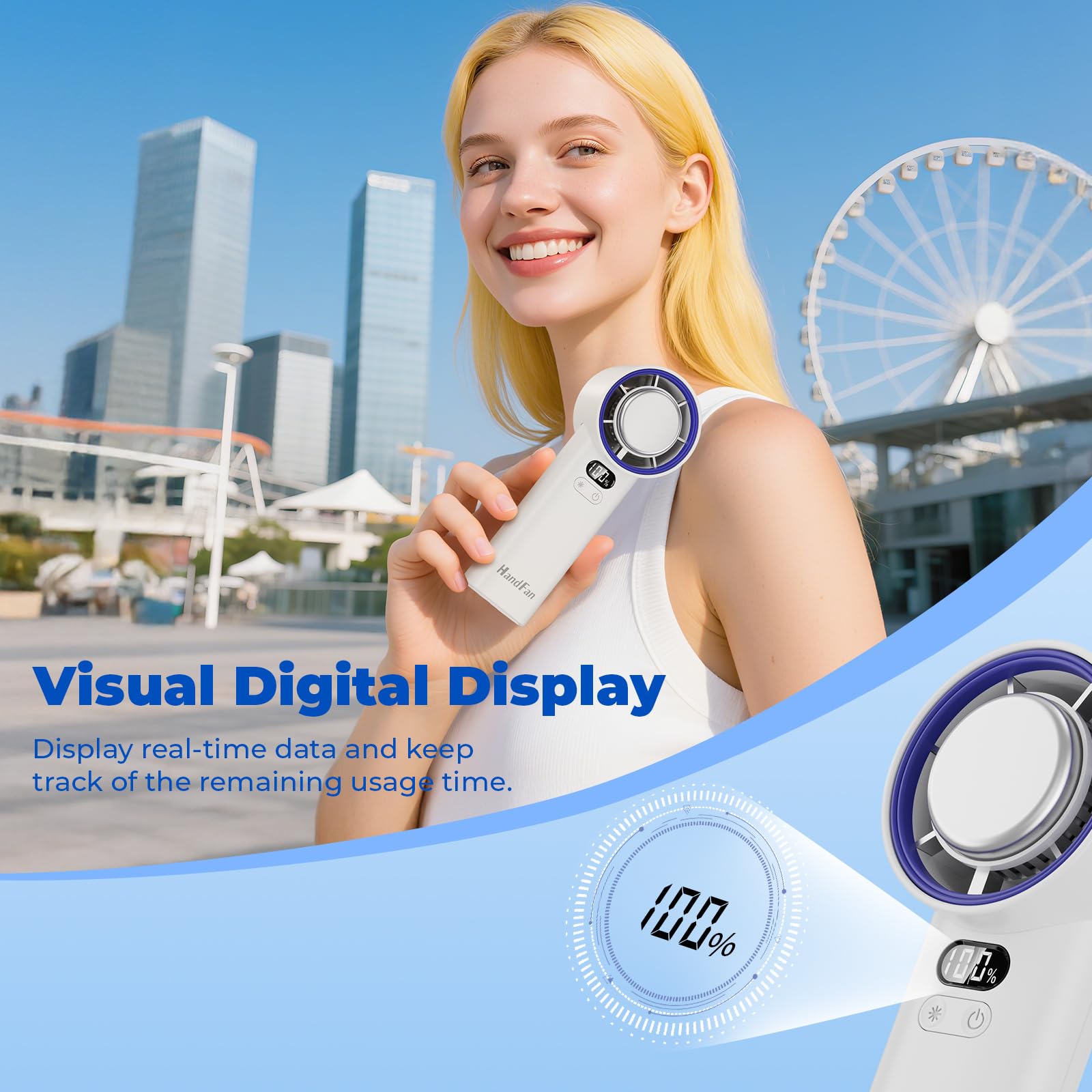 HandFan Ventola portatile turbo ad alta velocità da 5200 mAh, 13000 giri/min, mini ventilatore portatile AC, 100 velocità regolabili, display digitale, ricaricabile tramite USB, per viaggi, spiaggia,