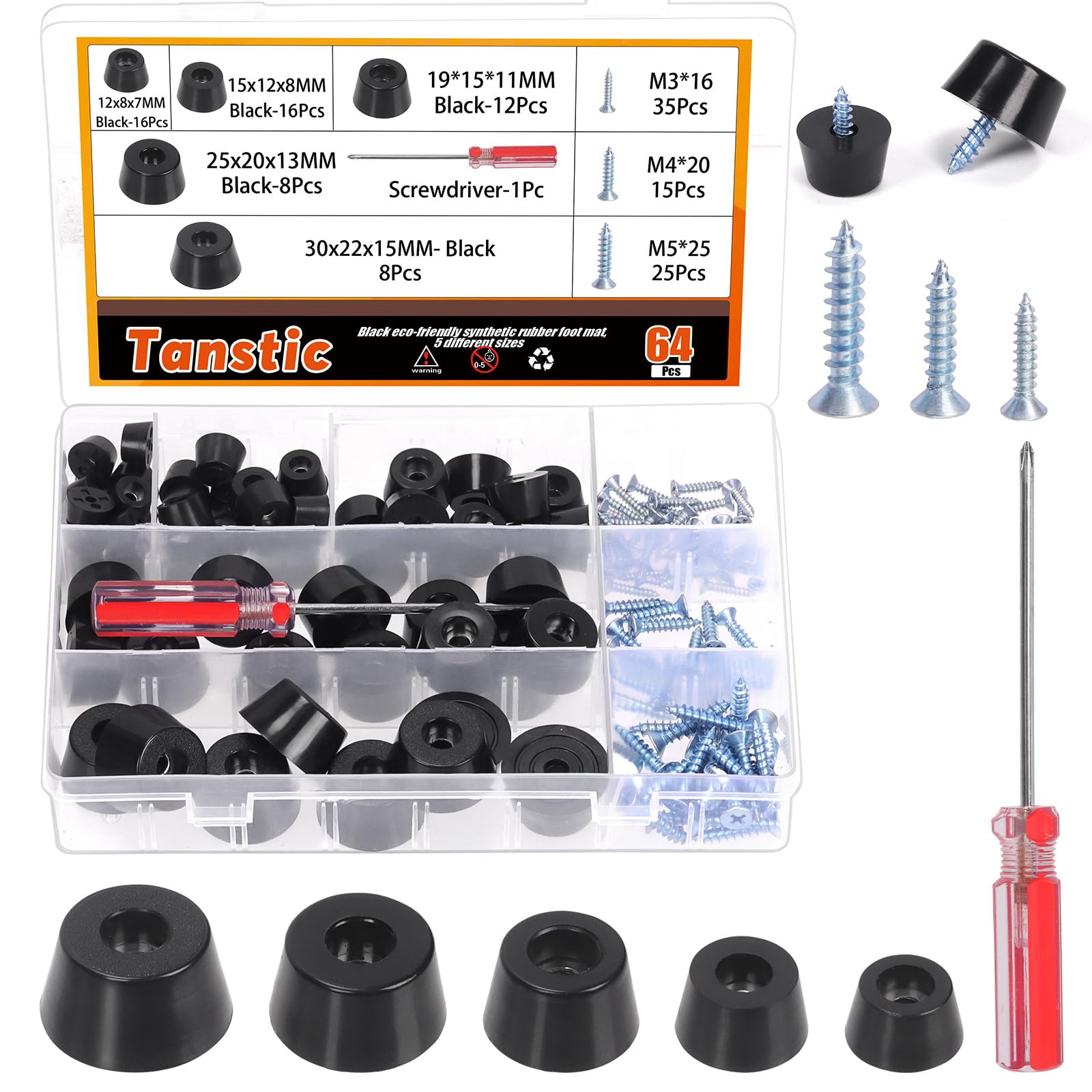 Tanstic 64Pcs Five Sizes Cutting Board Feet Non Slip Rubber Feet Black Rubber Feet Small Rubber Feet with Screws and Screwdriver for Appliances Furniture