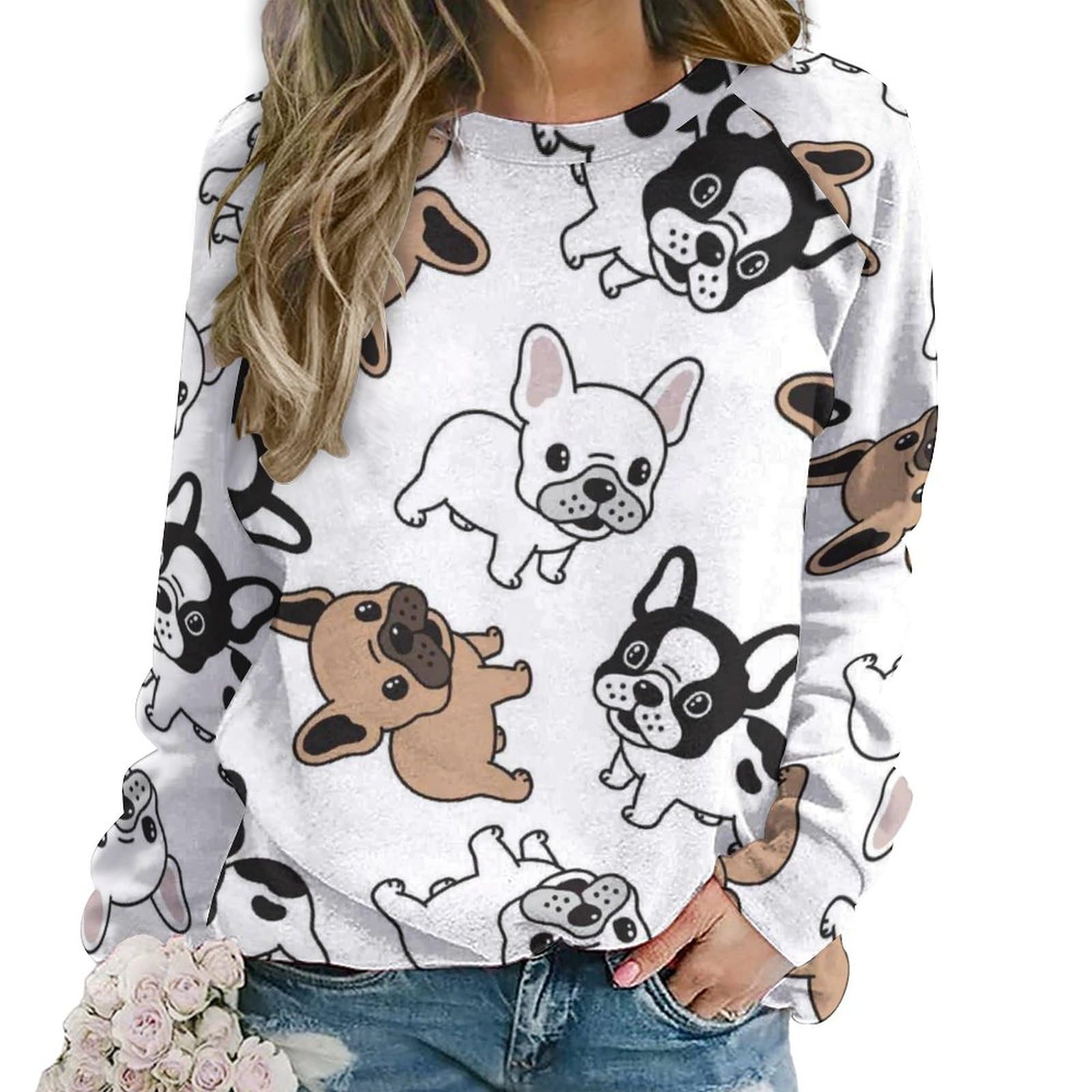 Qjjinxior Women's Cute French Bulldog Casual Jumper, Sweatshirts For Crewneck Long Sleeve Top