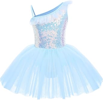 IDOPIP Girls Sequins Ruffle One Shoulder Ballet Dance Dress Tutu Skirted Leotard Ballerina Dancewear Costume for Toddler Kids