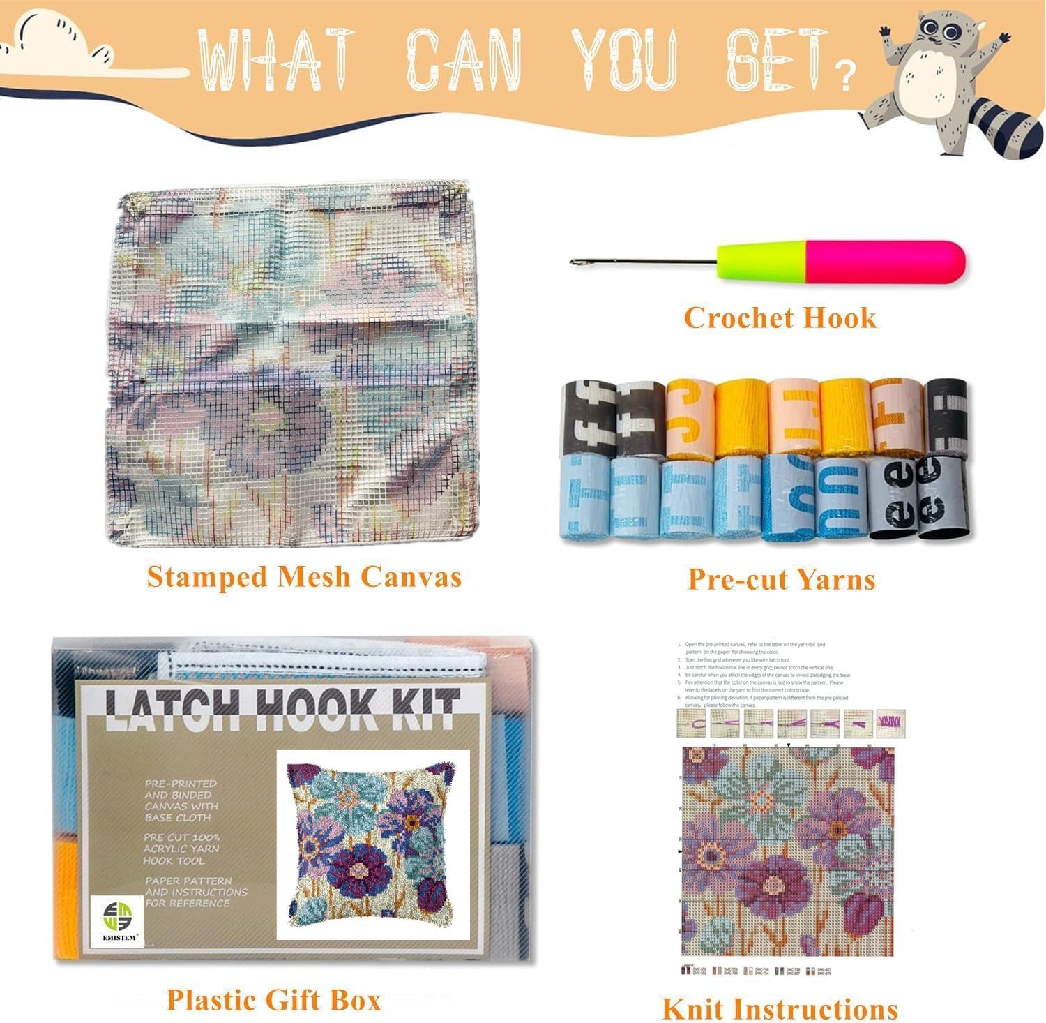 EMISTEM Latch Hook Kits for Adults - Latch Hook Pillow Kits, Crochet Yarn Kit for Beginners, DIY Needlework Crafts Cover Case with Printed Canvas, Gift Packaging. (Daisy Flower,17x17 inch)