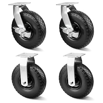 Caster - Flat Free Tire with Wheel Brakes (Pack of 4) 2 Swivel 2 Rigid Industrial Grade - (8 Inch)