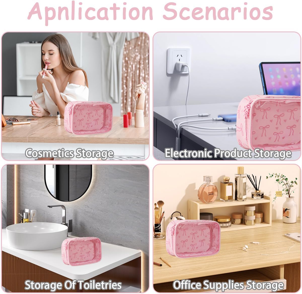 Pink Bow Clear Makeup Bag PU Leather Cosmetic Bags Small Travel Pink Bow Bag Toiletry Preppy Portable Makeup Organizer Pouch Transparent Nylon Travel Cosmetic Case with Zipper for Women Girls - Image 7