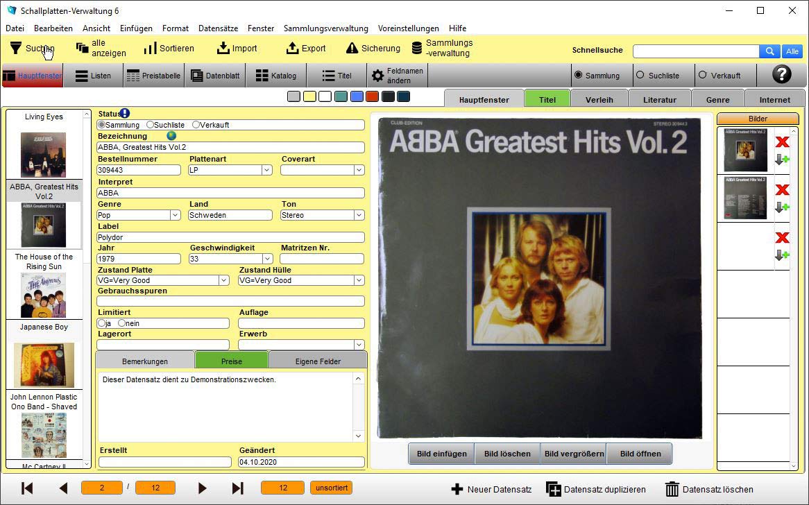 GS Schallplatten-Verwaltung 6 - Software zur Verwaltung Ihrer Schallplattensammlung - Datenbank Programm zur Verwaltung von Schallplatten