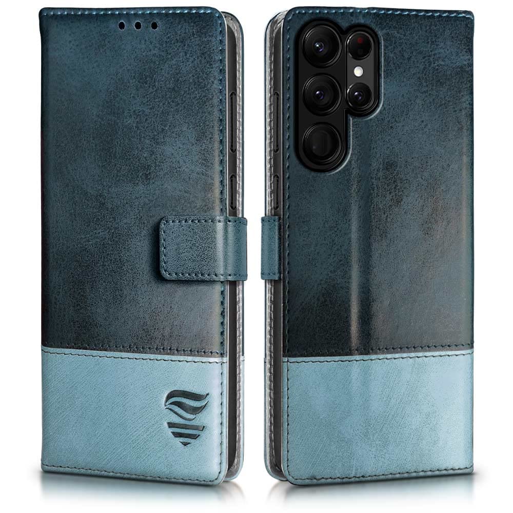 FLIPPED Vegan Leather Flip Cover for Samsung Galaxy S22 Ultra 5G | Shock Proof TPU Bumper & Kickstand | Card & Cash Pockets | Magnetic Closure Wallet (Hand Stitched, Blue with Aquamarine) (B0C1ZVFTZV) Amazon Price History, Amazon Price Tracker