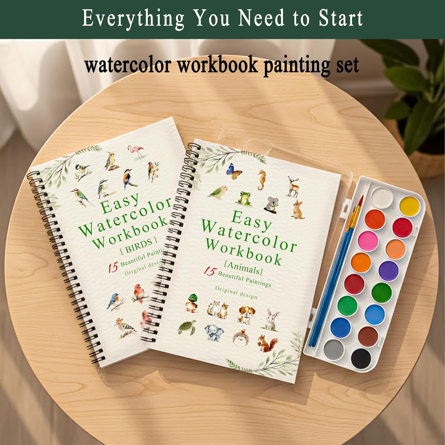 SLWBZ Watercolor Workbooks Set, 2 Books Different Themes Exquisite Workbook with Detailed Steps, 16 Colors of Palette and 2 Wooden Soft Brushes，Beginner-Friendly Watercolor Workbooks, Animals&Birds