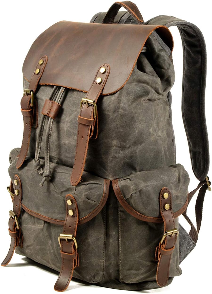 WUDON Leather Backpack for Men, Waxed Canvas Shoulder Rucksack Carry-On Travel Backpack - Image 6