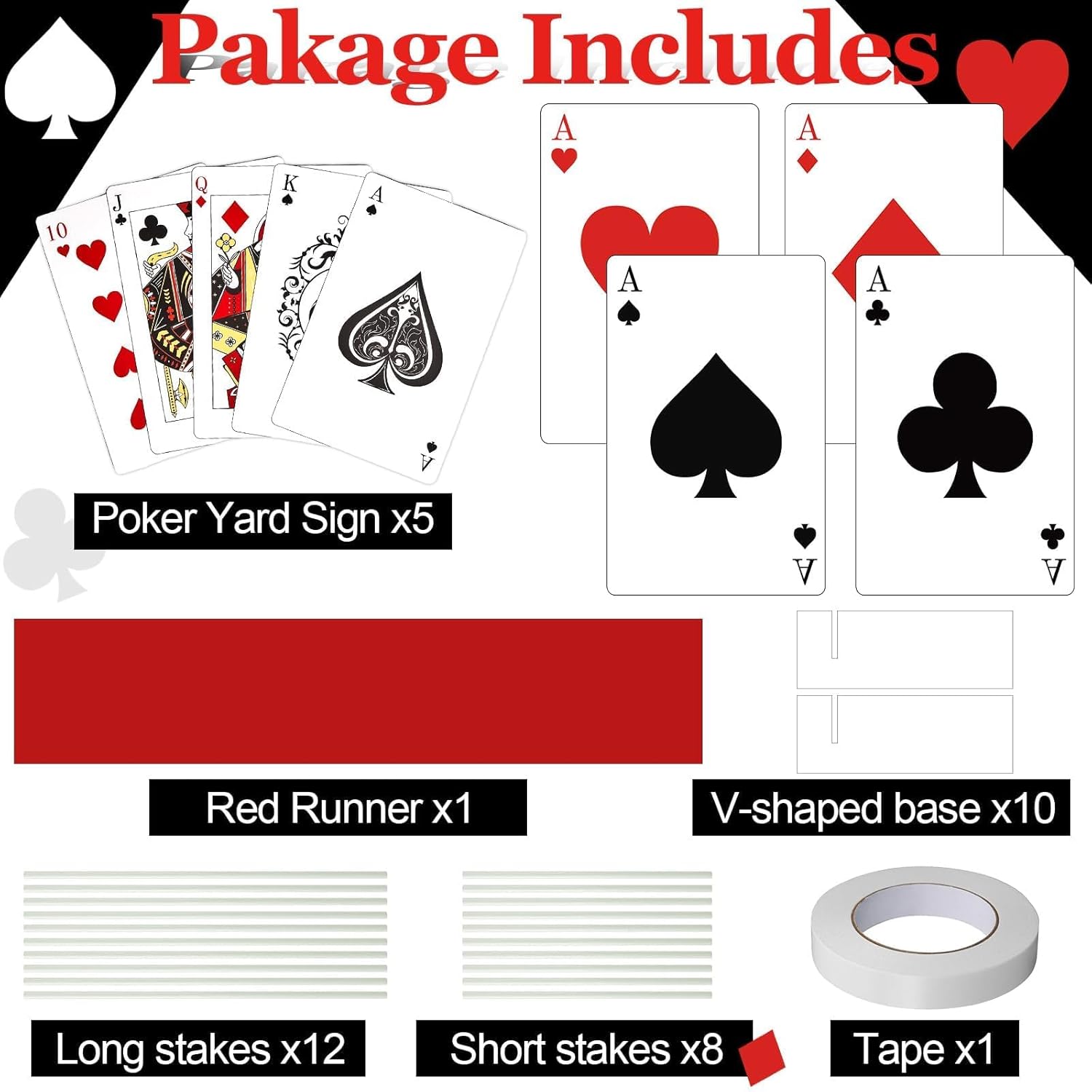 5 Casino Theme Yard Signs Giant Playing Poker Card with Stakes Bases Red Carpet Runner, Casino Theme Party Decoration Large Wonderland Lawn Sign for Indoor Outdoor Entrance Car Birthday Party Supplies