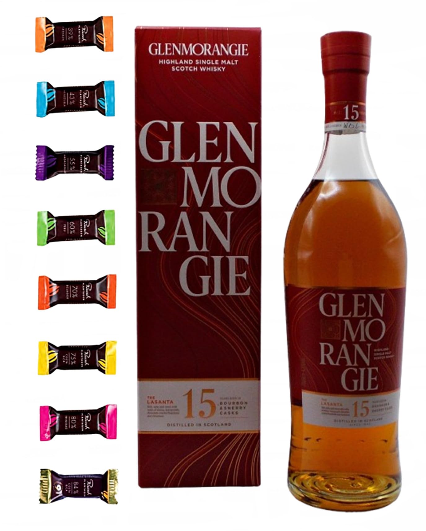 Glenmorangie Lasanta 15 Jahre Single Malt Whisky + 8 Edelschokoladen 8 Sorten Genießer Set Männergeschenke Geschenk Idee Whisky mit Schokolade genießen