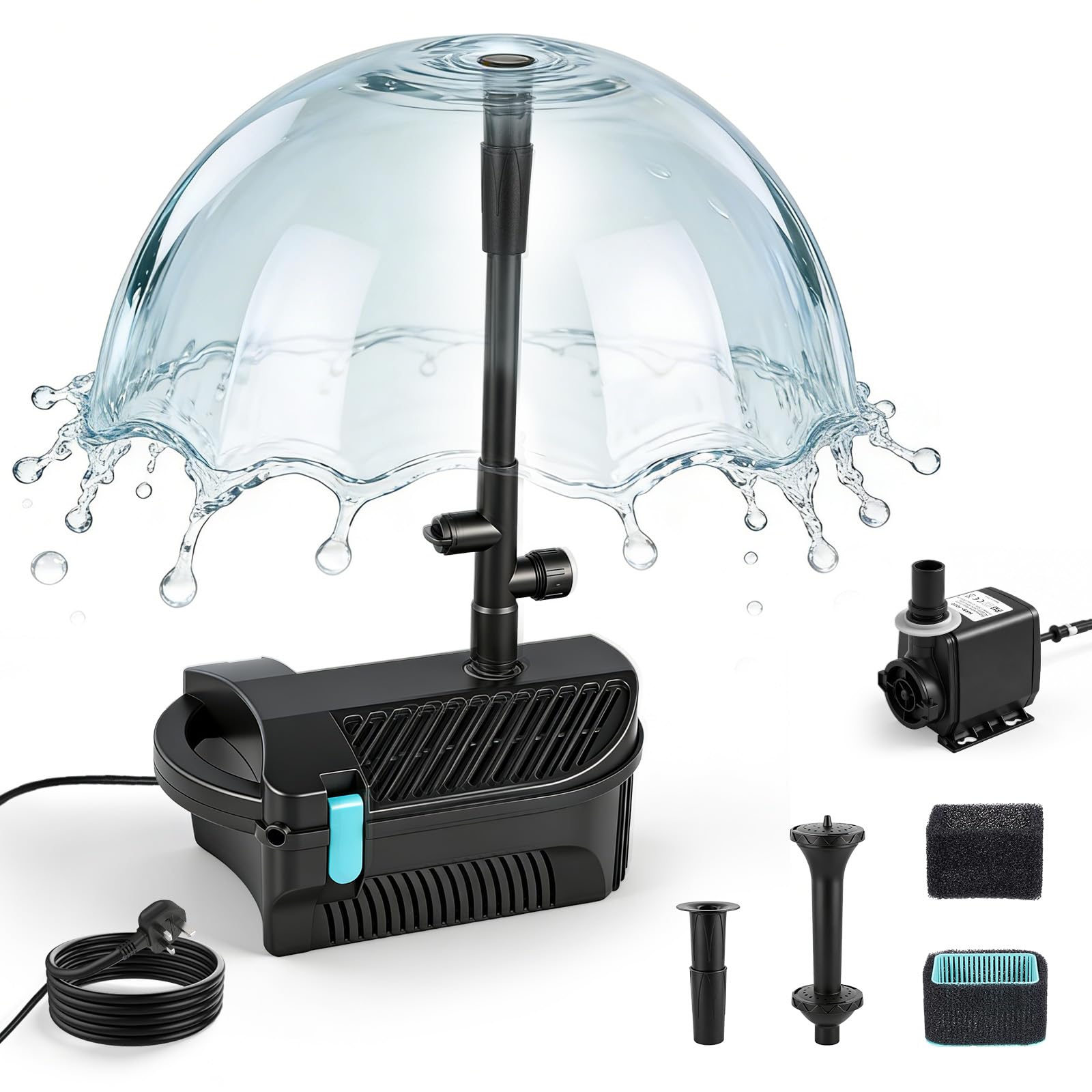 Teichpumpe mit Filter und Springbrunnen Set, 45W 2500L/H Teichpumpe für Außen mit 3-in-1 Düsen, Wasserpumpe 2,5m Förderhöhe Springbrunnenpumpe mit Filter, Gartenbrunnen für Außen Gartenteich