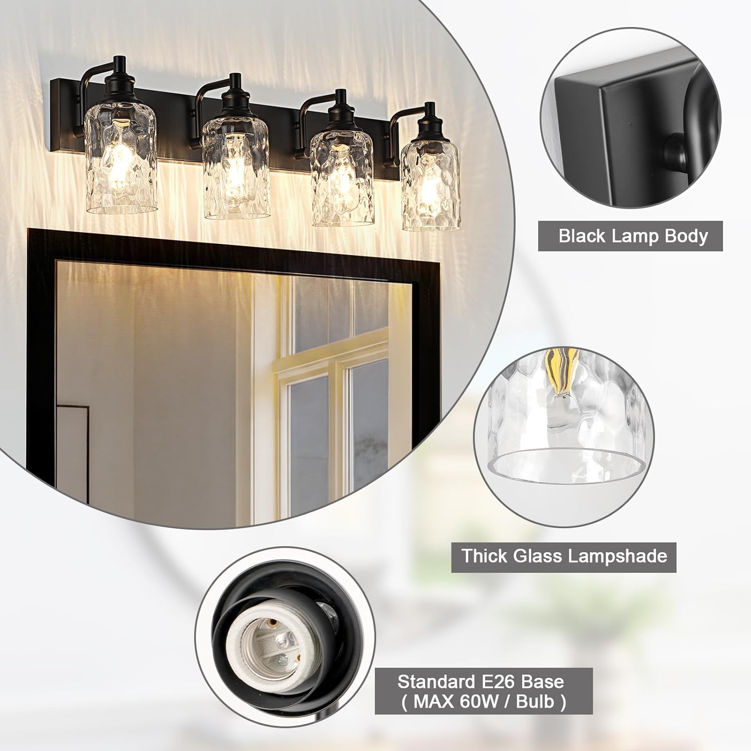 Bathroom Light Fixtures Over Mirror, 4 Lights Vanity Lights with Hammered Glass Shade, 30.8" Matte Black Farmhouse Bathroom Light Fixtures for Bedroom, Porch, Hotel, Mirror Cabinet