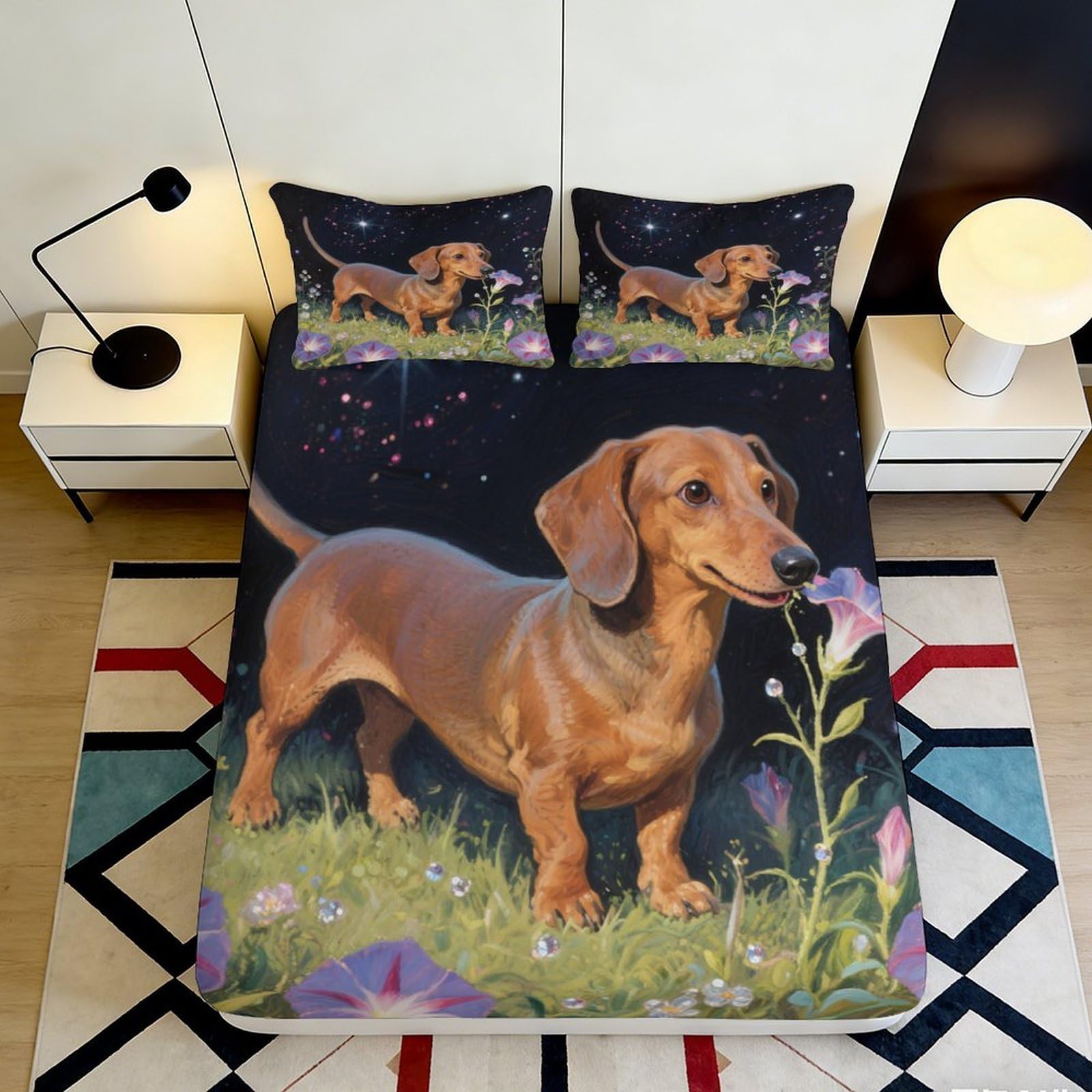 3D Printed Dachshund Fitted Sheet Microfiber Deep Pocket Non-Slip Dachshund Mattress Fitted Cover Bedding 200x200x25cm 90x200x25cm