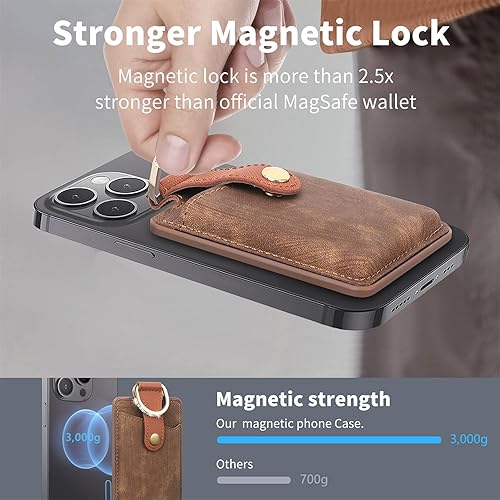 Miniatura 5 de Cartera MagSafe con soporte de anillo, soporte de 3 tarjetas, cartera magnética para iPhone serie 1615141312, bolso magnético retro de cuero vegano
