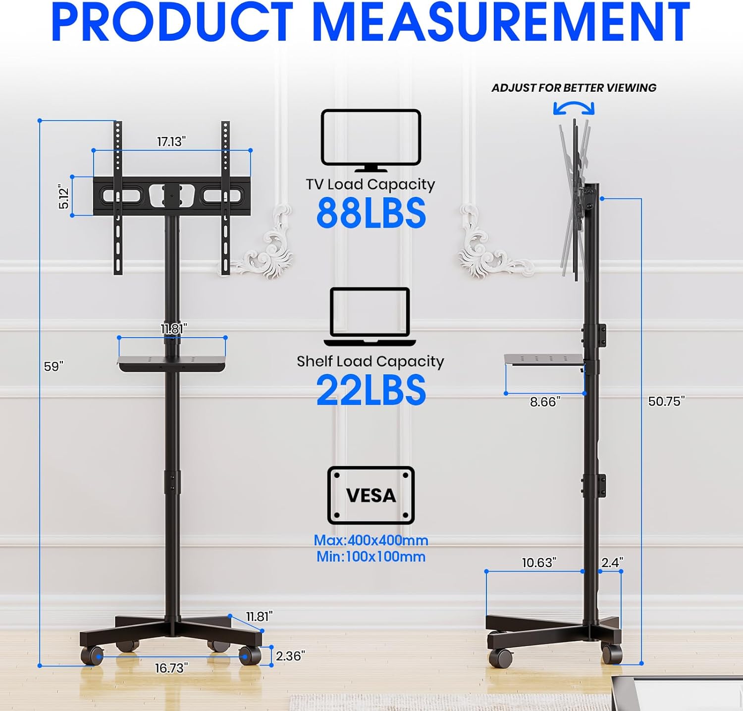 Mobile TV Stand for 23-60 Inch LCD LED OLED Flat Panel Curved Screen TVs up to 88 lbs, Tilt and Height Adjustable, Locking Rolling Wheels TV Cart with Shelf, Max VESA 400x400mm, Black