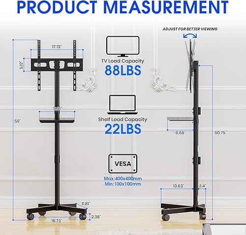 Miniatura 2 de Soporte de TV móvil para TV de 23 a 60 pulgadas LCD LED OLED de pantalla plana con pantalla curva hasta 88 libras, inclinación y altura ajustable,